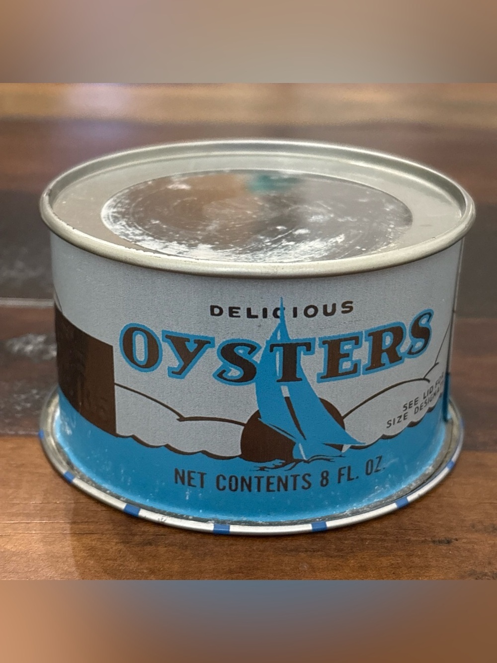 Vintage Delicious Brand Oysters Tin Can 8 Oz Chincoteague VA Jones Bros